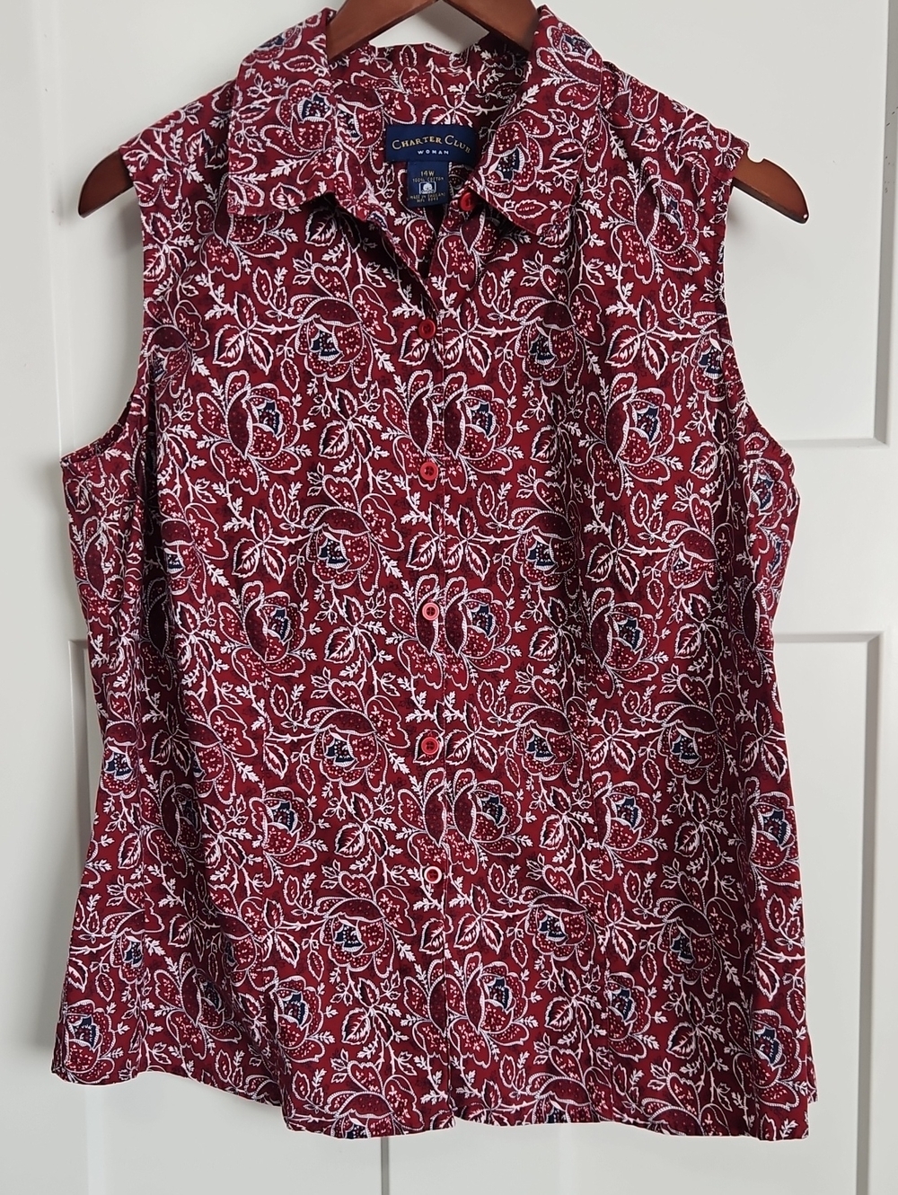 Charter Club Woman 14W Red Bandana Print Sleeveless Button Front Cotton Top